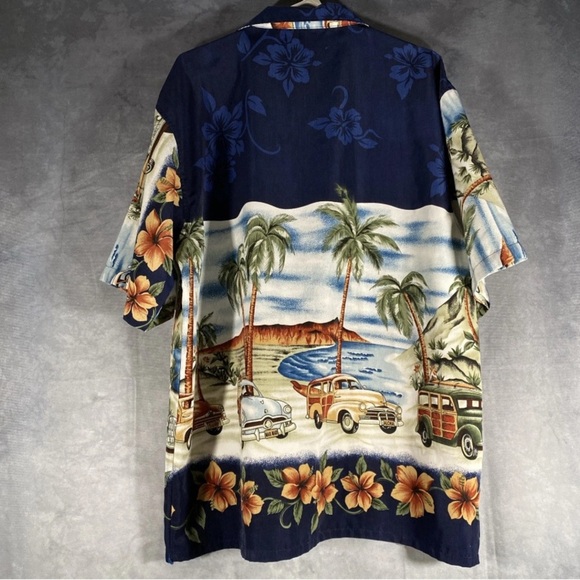 Hawaiian Camp Shirt Sz L Button Down Surf Woody Beach Vintage Car Print Floral - Picture 5 of 8